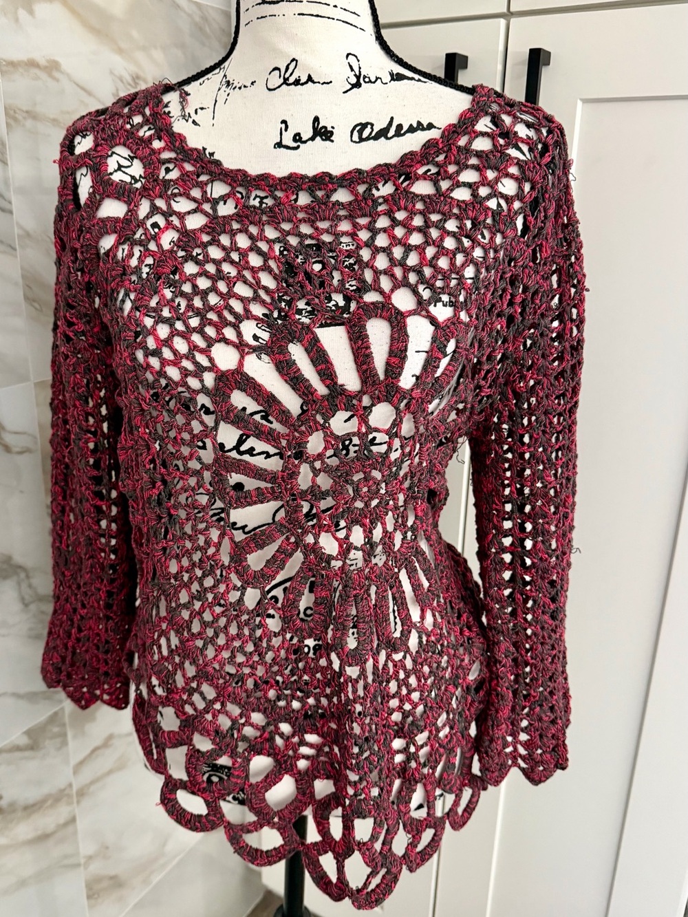 Tempo Paris Crochet Openwork BohoTop in Burgundy and Charcoal Scalloped Sleeves